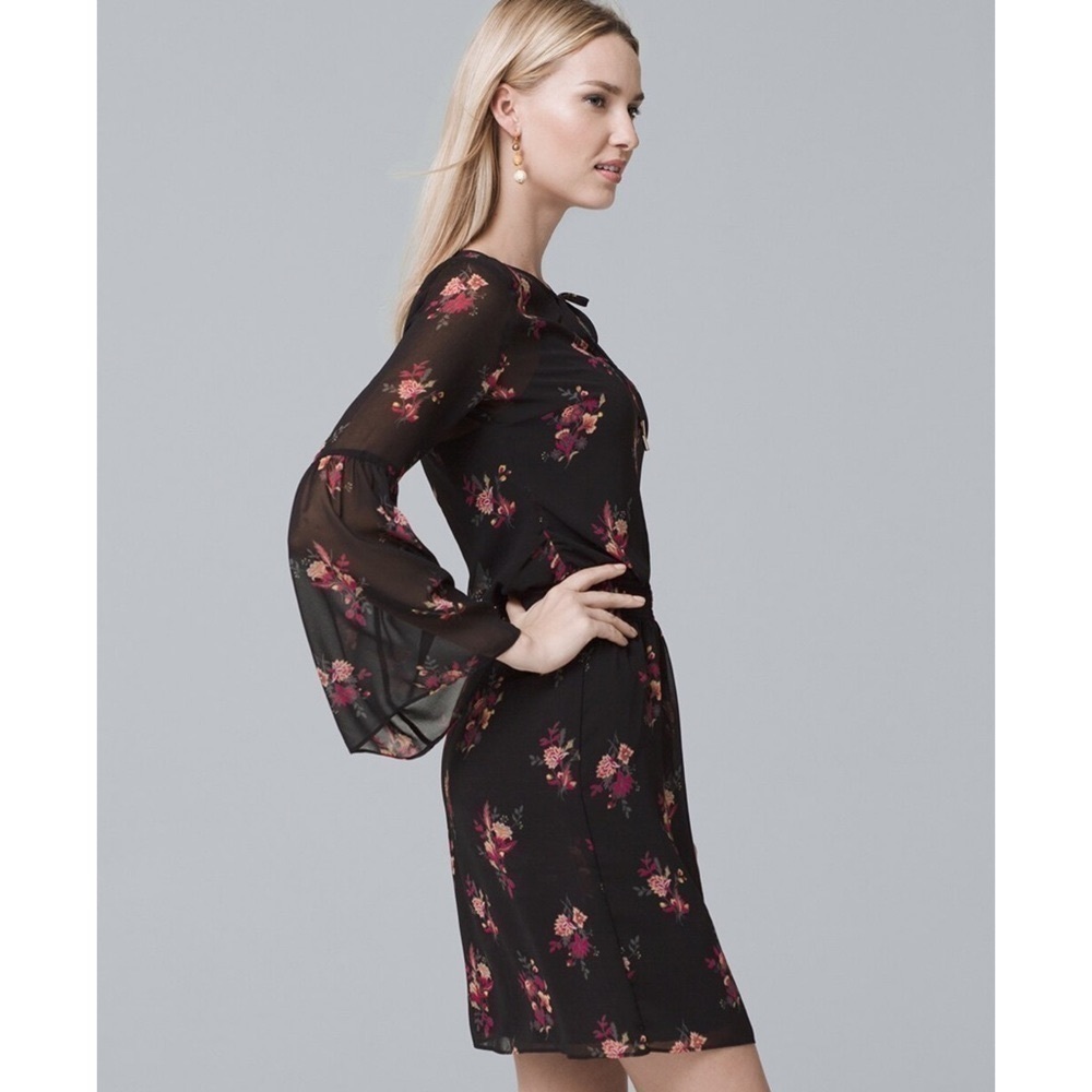 White House Black Market Bell Sleeve Floral Print Dress Black & Pink Small - Picture 13 of 13